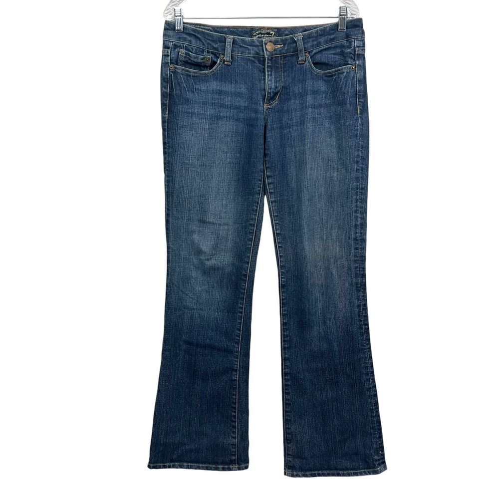 Seven7 Womens Jeans Flare Leg Distressed Raw Hem 5 Pockets Low Rise Blue Sz 29*